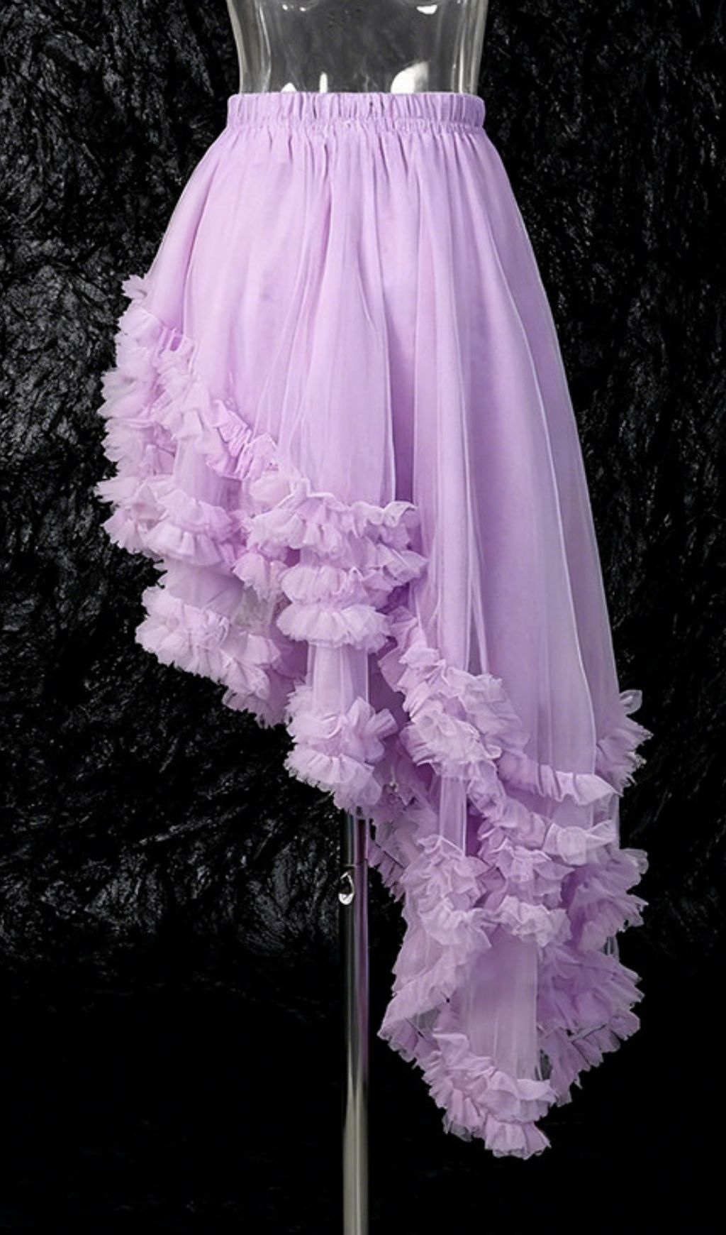 Kaylan Lavender Ruffled High-Low Mesh Midi Skirt