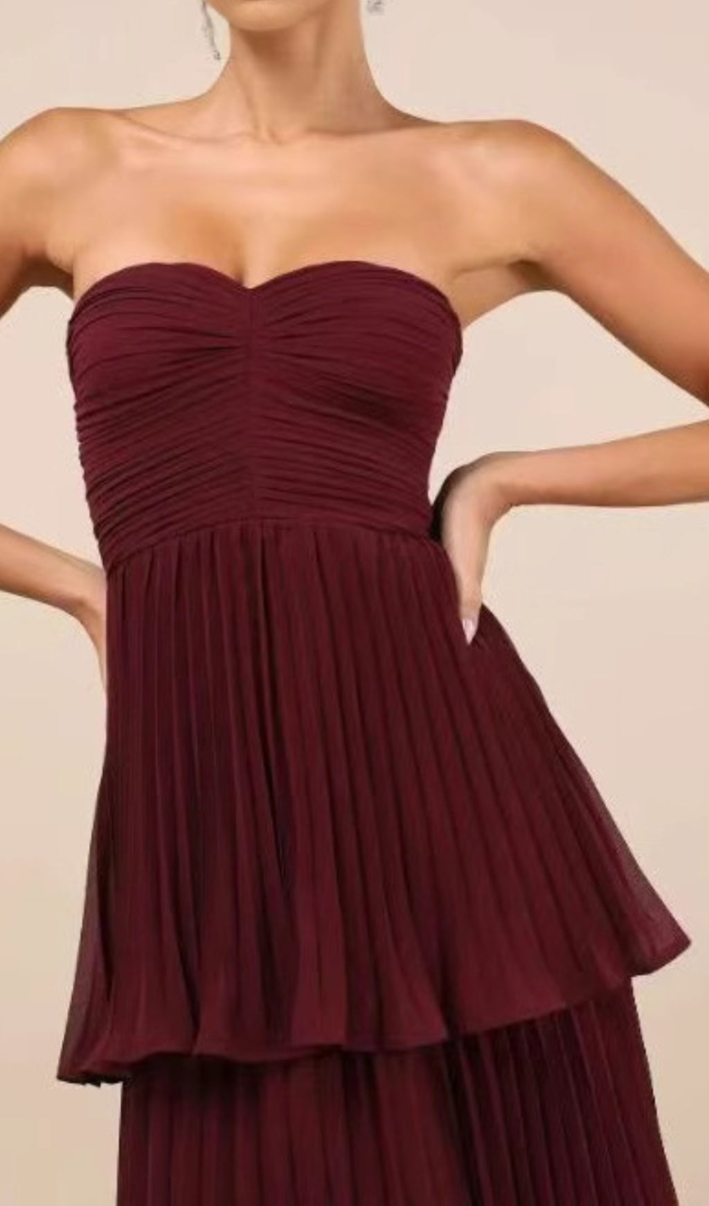 Ensio Wine Strapless Pleated Maxi Dress