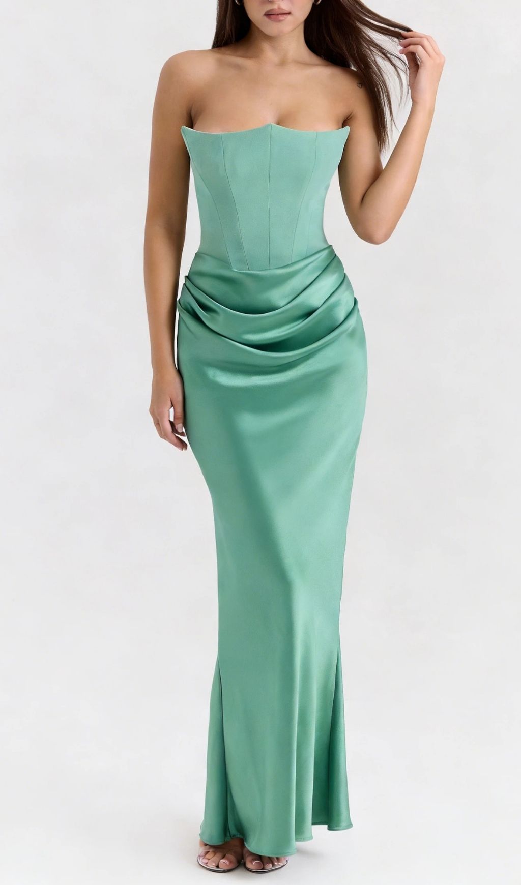 Timeless Sage Green Strapless Corset Draped Satin Gown
