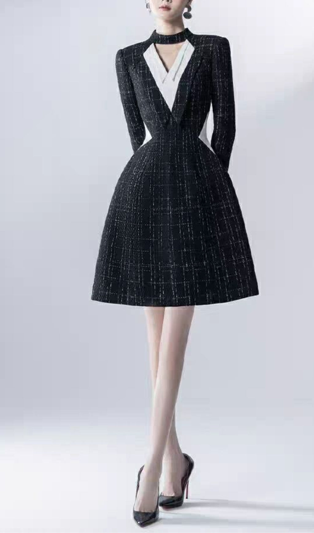 Halter V-Neck A-Line Jacket Dress In Black