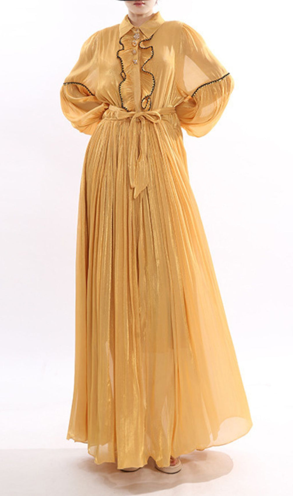 Jeseray Golden Yellow Pleated Maxi Dress | Elegant Long Sleeve Ruffle Gown for Women