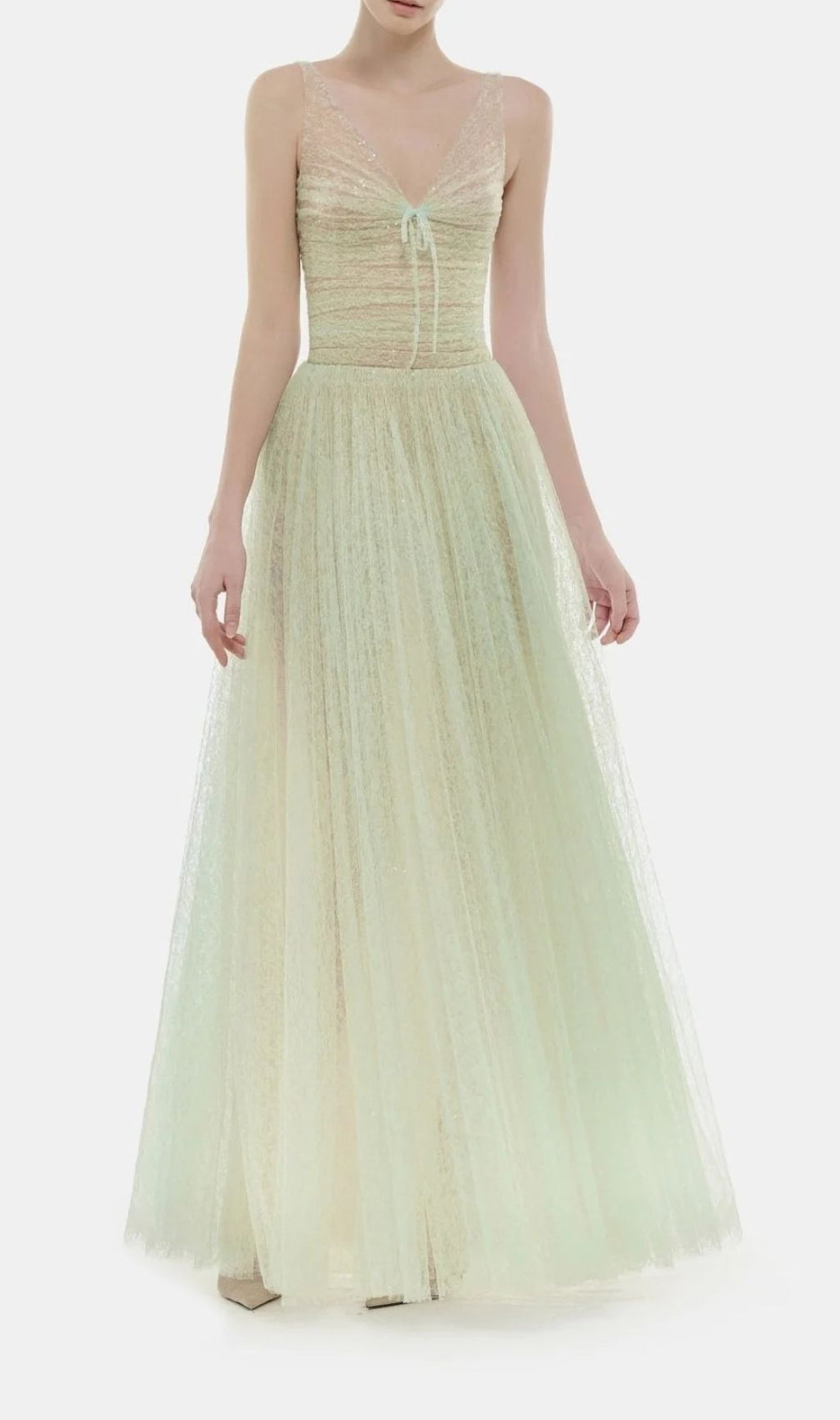 Josie Mint Green Sparkle V-Neck Mesh Maxi Gown - Ethereal Evening Dress