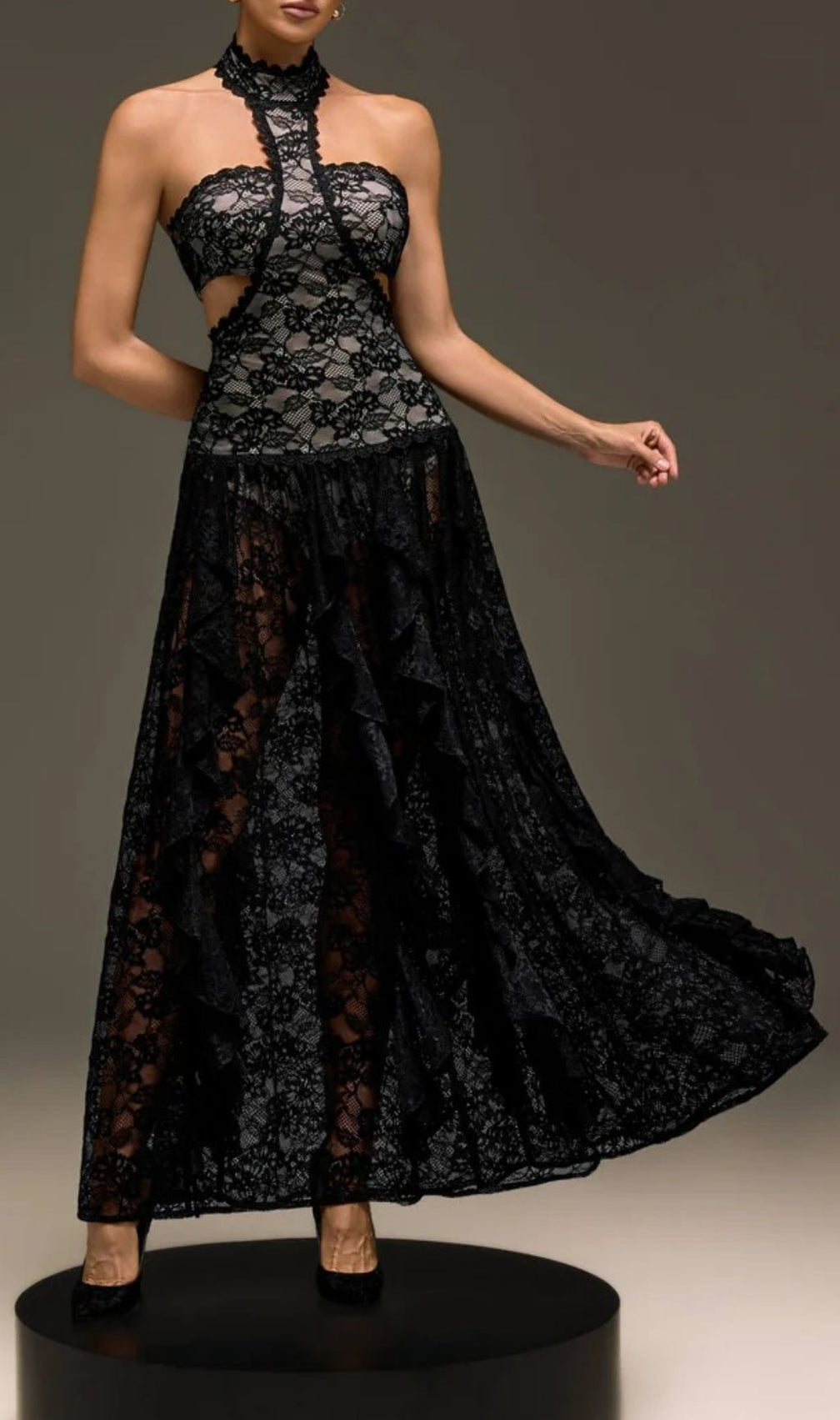 Stunning Gavelyn Black Lace Halterneck Maxi Dress with Chic Cutouts