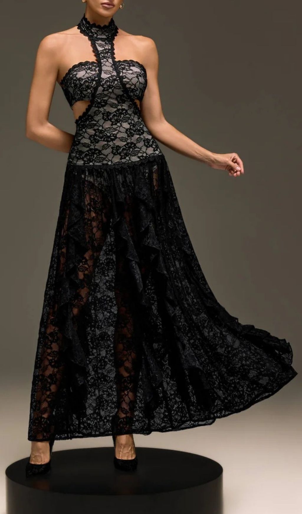 Stunning Gavelyn Black Lace Halterneck Maxi Dress with Chic Cutouts
