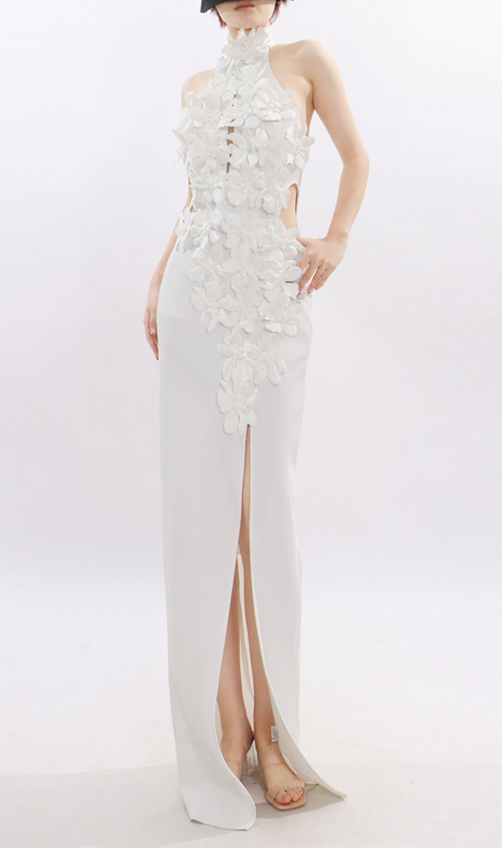 Jezel White 3D Floral Halter Maxi Dress - Elegant Wedding Guest & Gala Gown