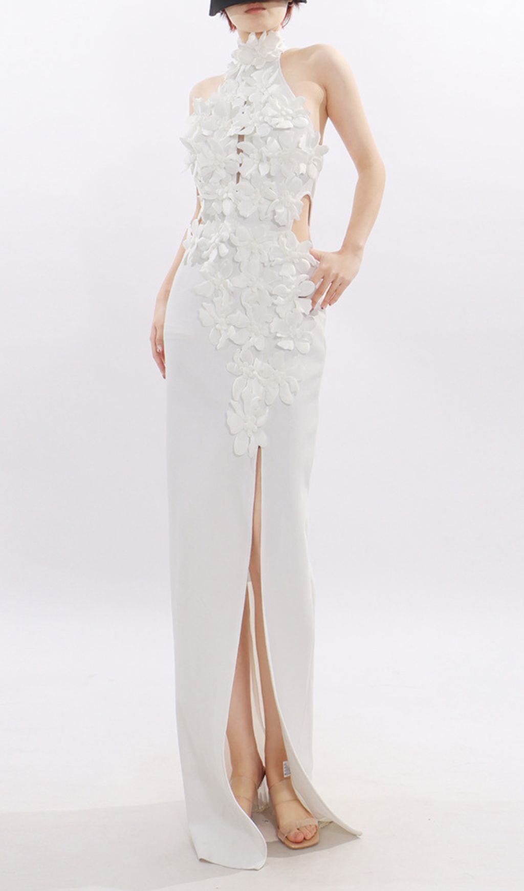 Jezel White 3D Floral Halter Maxi Dress - Elegant Wedding Guest & Gala Gown