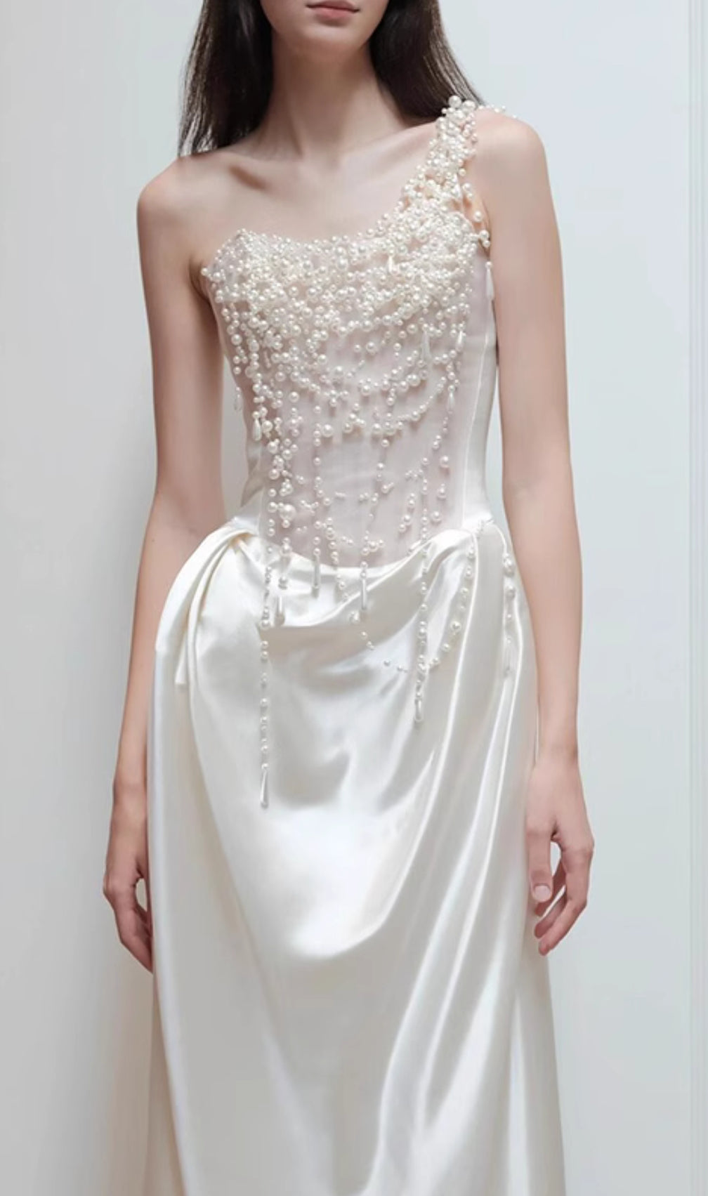 Cali White Pearl One-Shoulder Wedding Dress