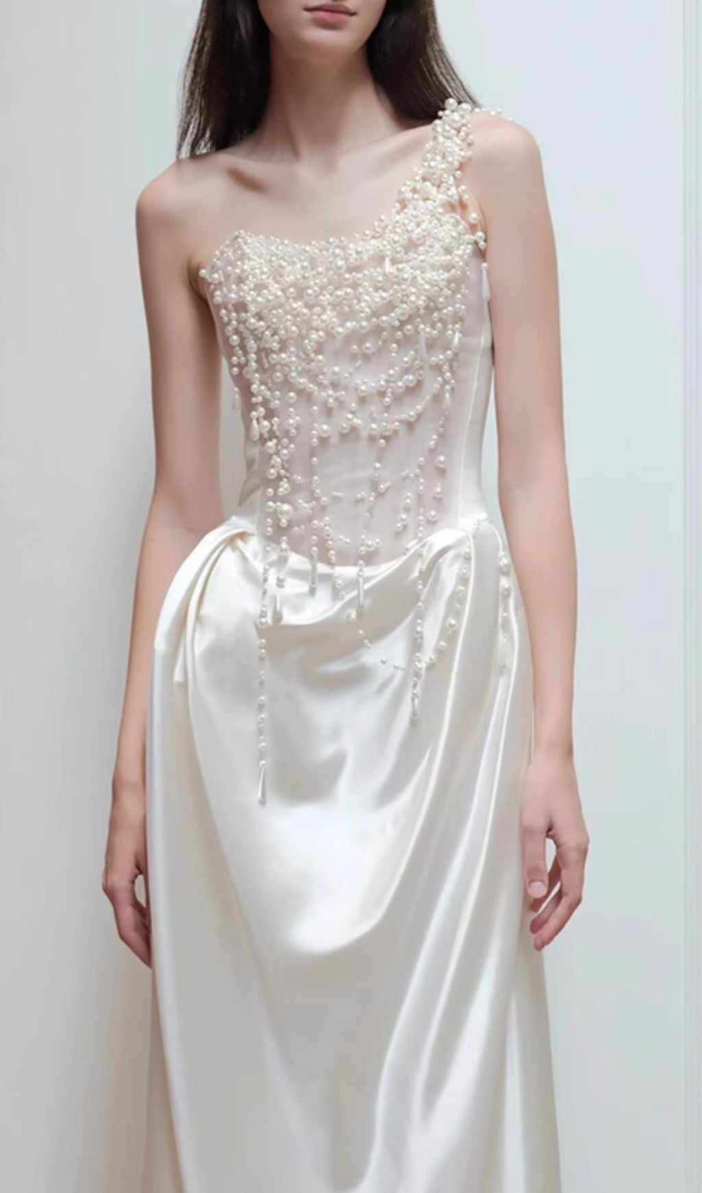 Cali White Pearl One-Shoulder Wedding Dress