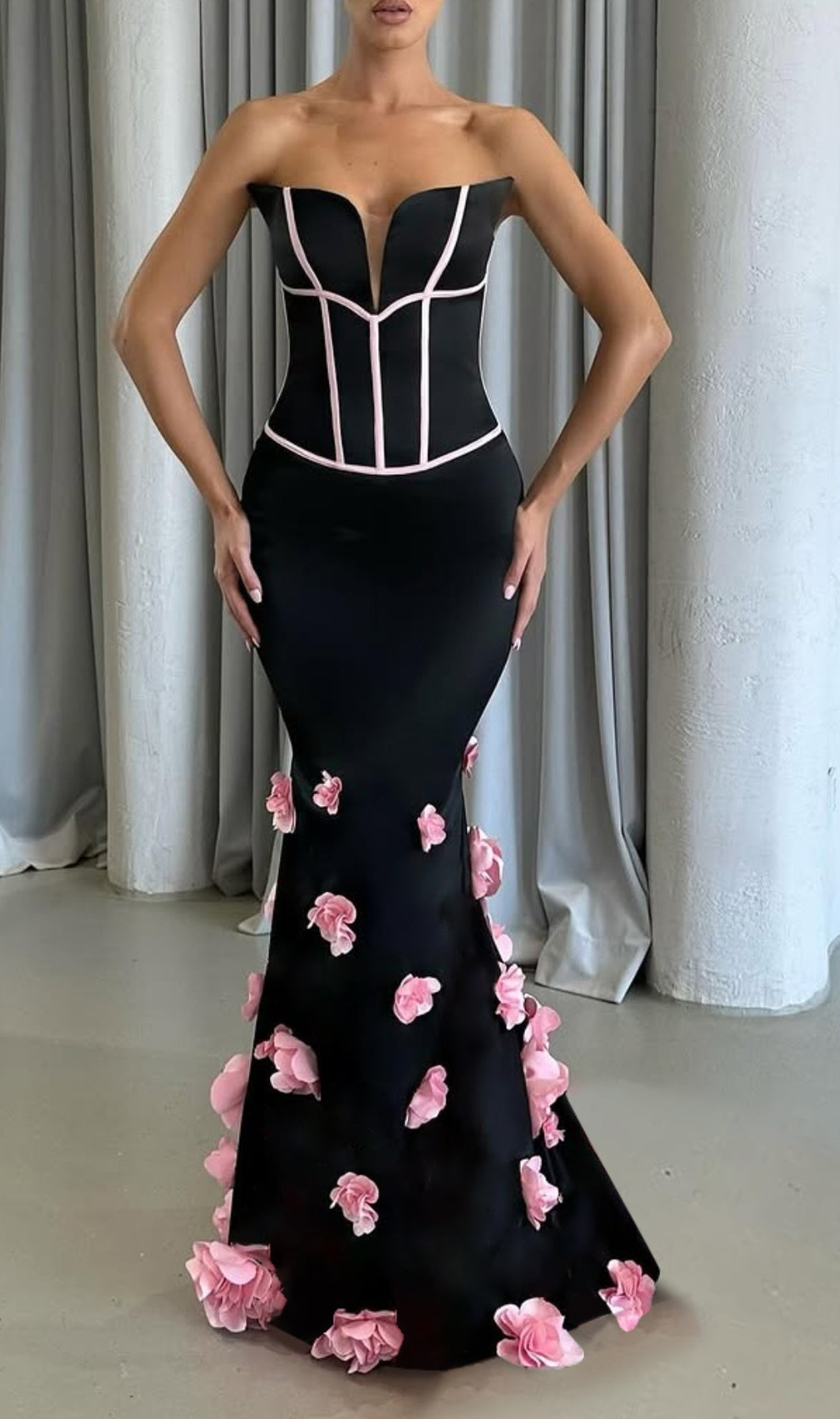 Eri Black Strapless Flower Maxi Dress