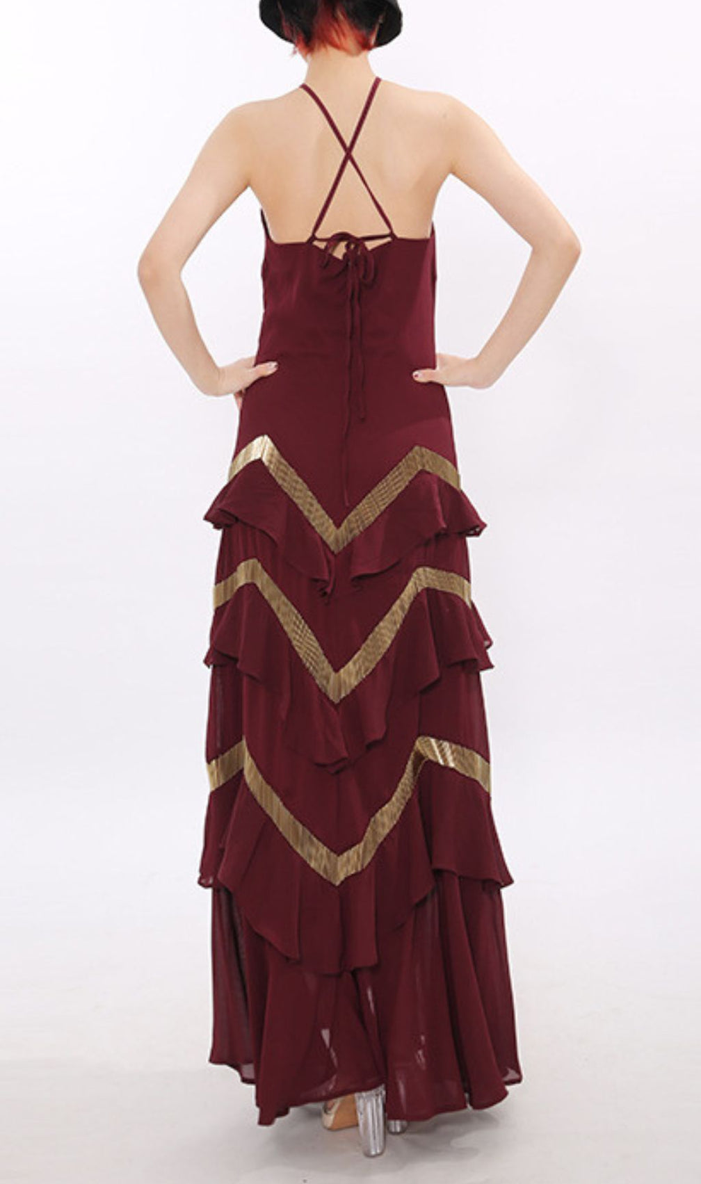 Jia Wine Red Halter Maxi Dress with Golden Chevron Ruffles