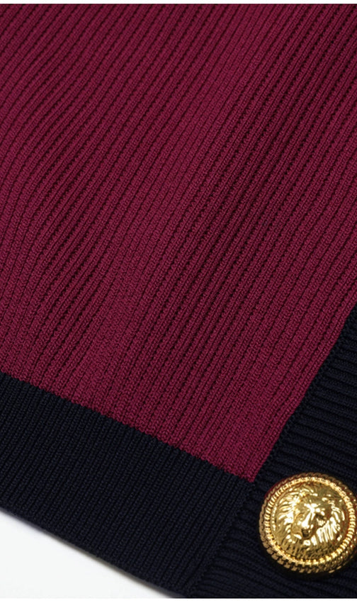 Kavita Chic Ribbed Knit Mini Dress with Gold Buttons & Contrast Trim