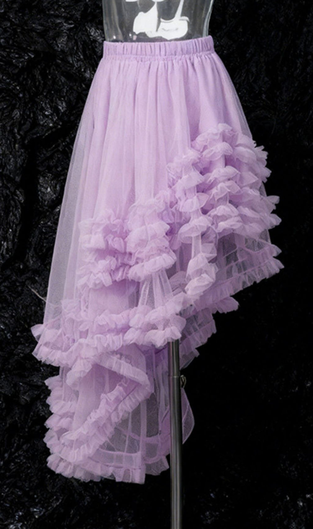 Kaylan Lavender Ruffled High-Low Mesh Midi Skirt