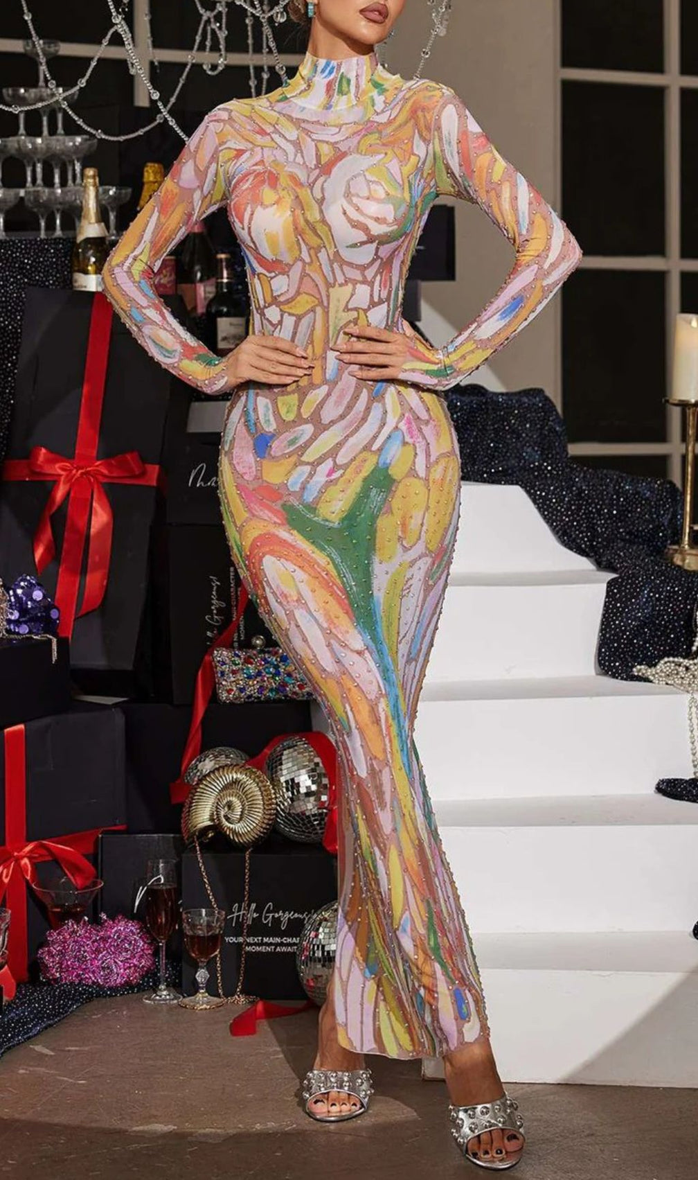 Rupok Dazzling Rhinestone Abstract Print Turtleneck Maxi Dress – Glamorous Evening Gown