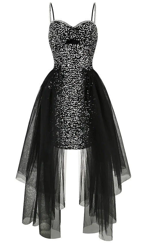 Strappy Sequin High-Low Mesh Dress - Black Sparkle Cocktail & Evening Gown