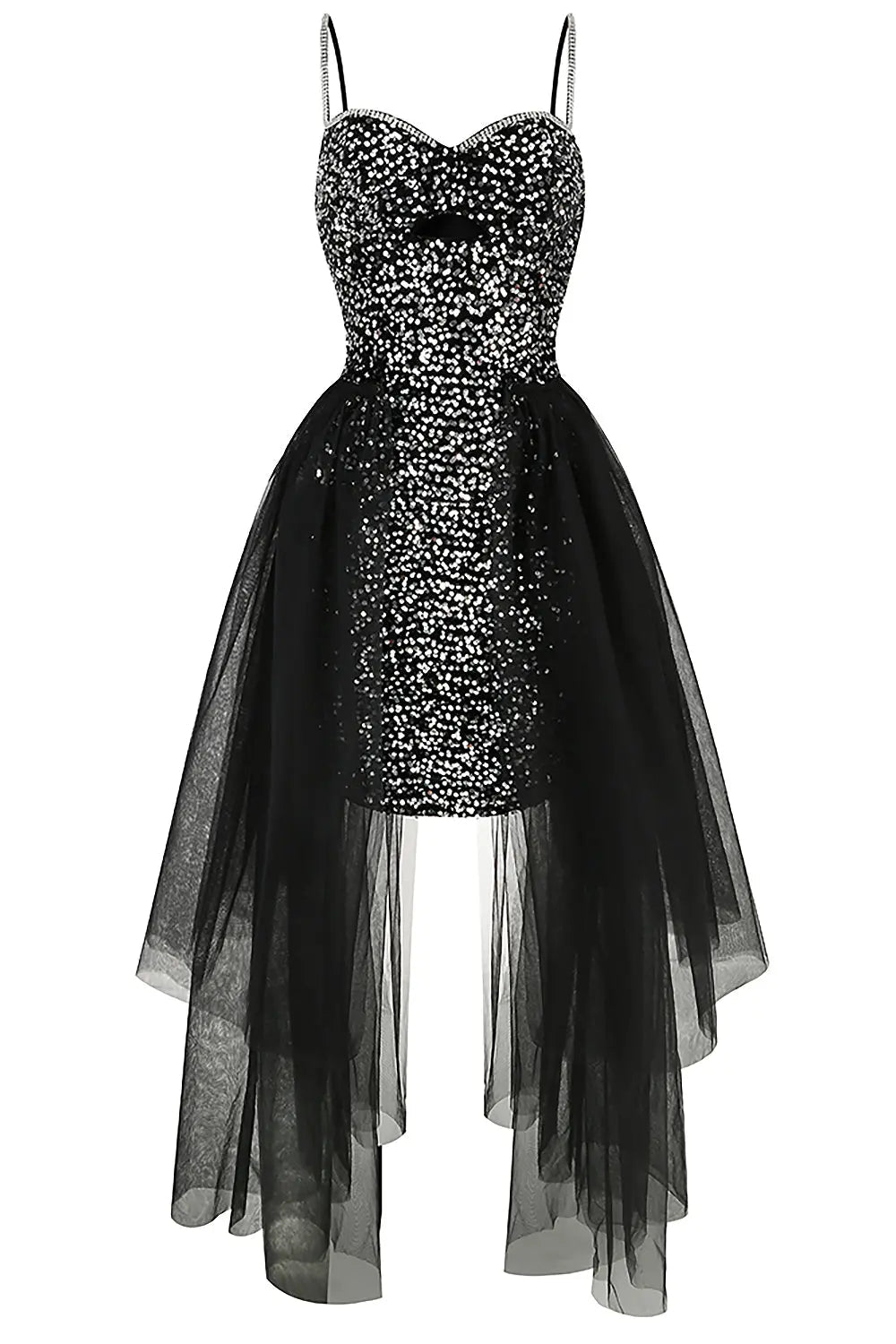 Strappy Sequin High-Low Mesh Dress - Black Sparkle Cocktail & Evening Gown
