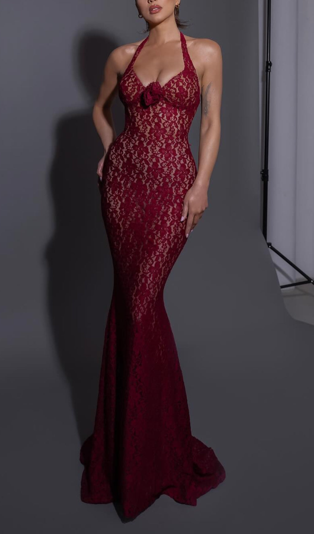 Bedelia Wine Halter Lace Maxi Dress