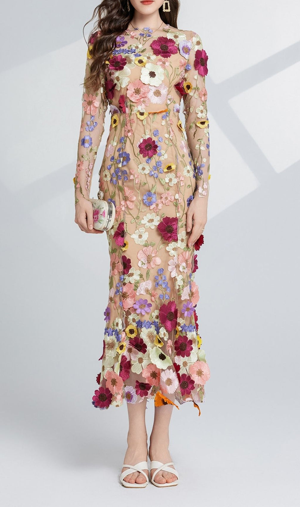 Carol Floral Embroidery Mesh Fishtail Long Sleeve Midi Dress