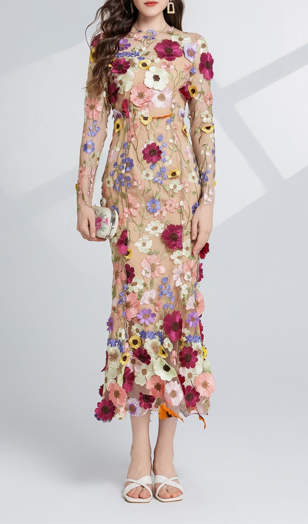 Carol Floral Embroidery Mesh Fishtail Long Sleeve Midi Dress