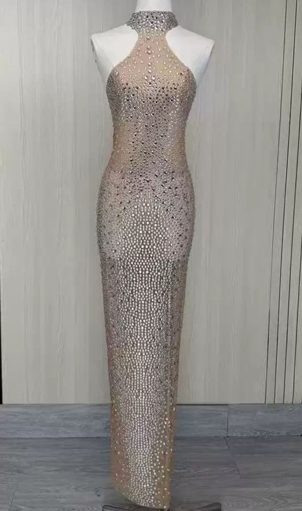 Kelena Dazzling Rhinestone Halter Maxi Gown - Sheer Illusion Evening Dress