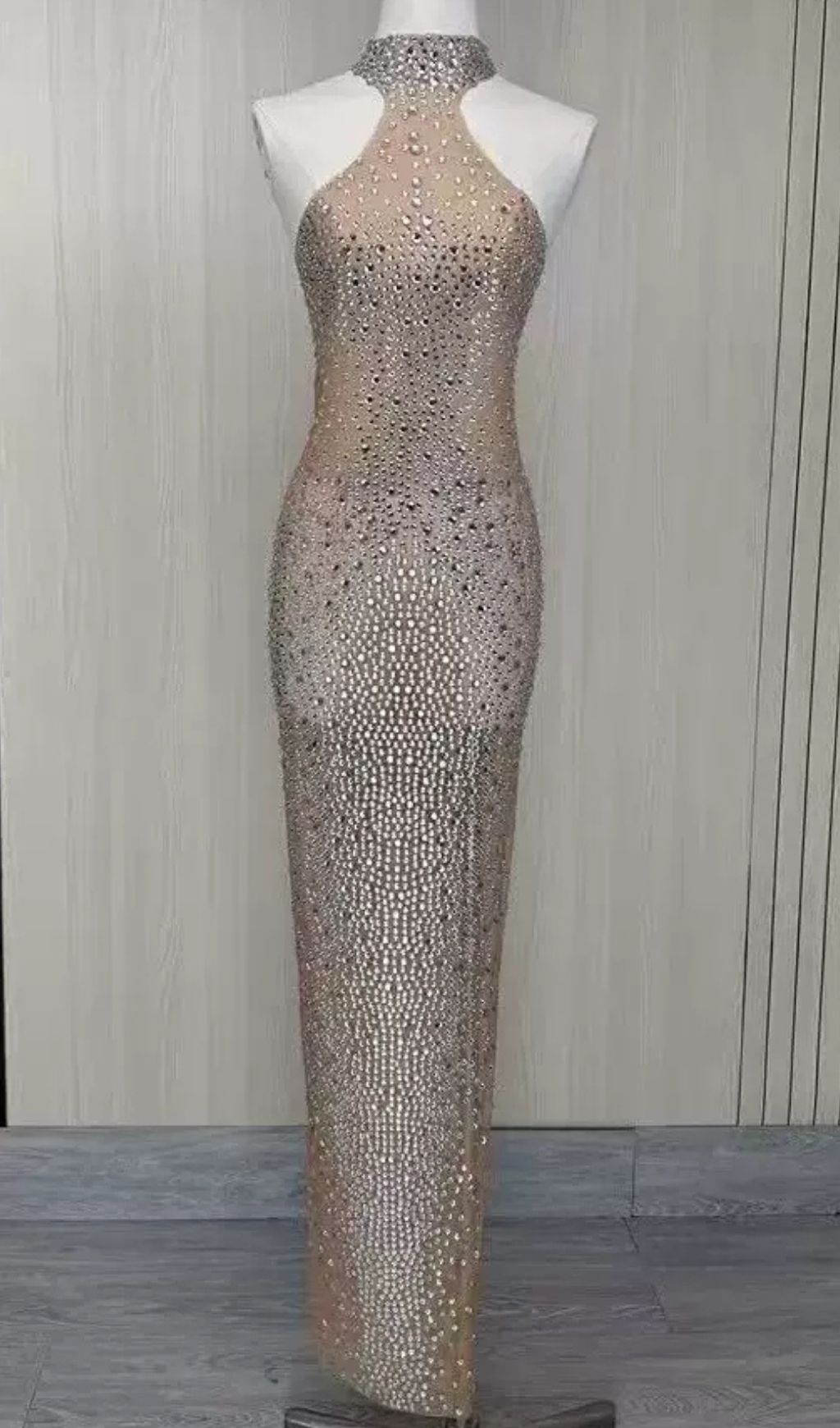 Kelena Dazzling Rhinestone Halter Maxi Gown - Sheer Illusion Evening Dress
