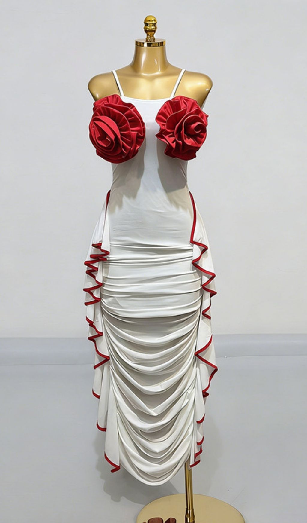 Keziah Enchanting 3D Rose Ruched Maxi Dress - White & Red Elegance