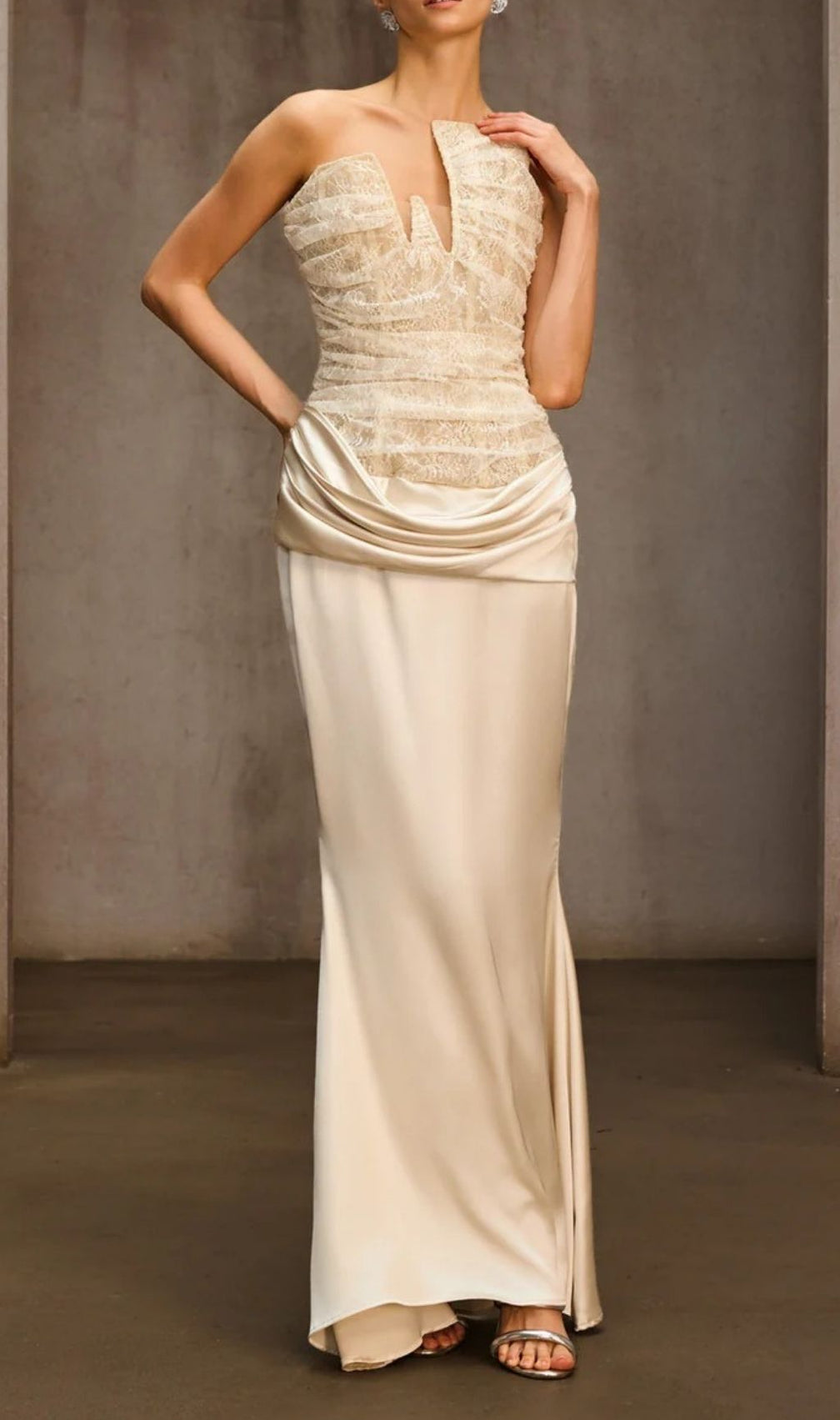 Nyrionyx Strapless Lace Draped Maxi Dress