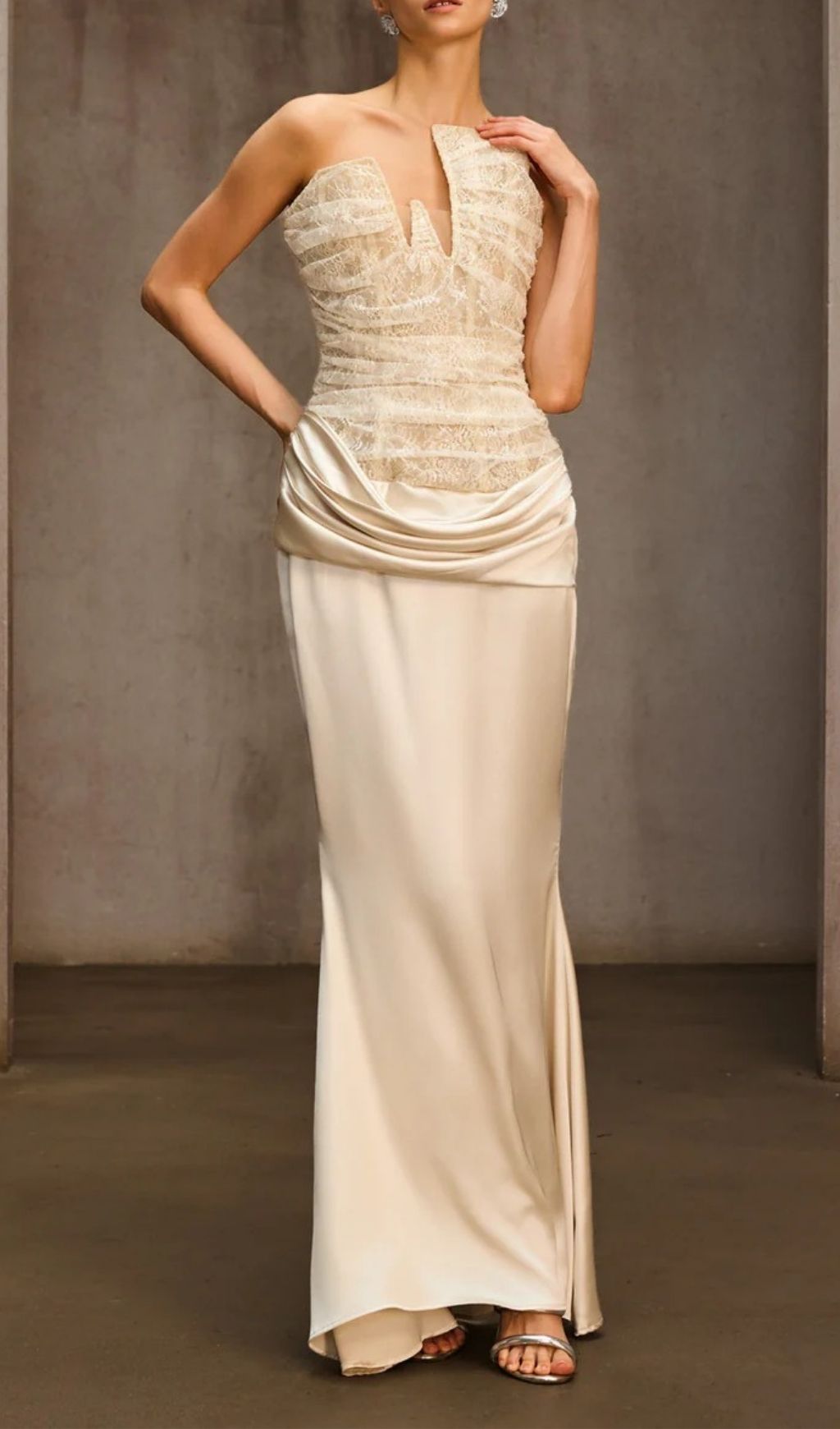 Nyrionyx Strapless Lace Draped Maxi Dress