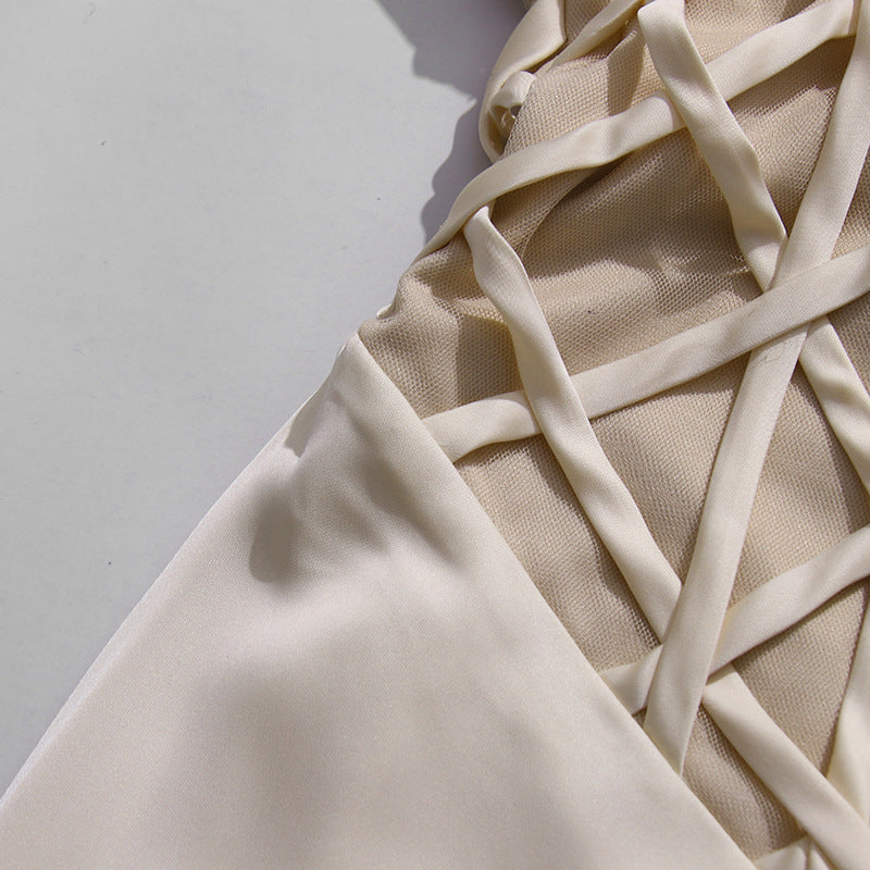 Keyra Champagne Satin Maxi Gown with Geometric Lattice Bodice & Cowl Neck