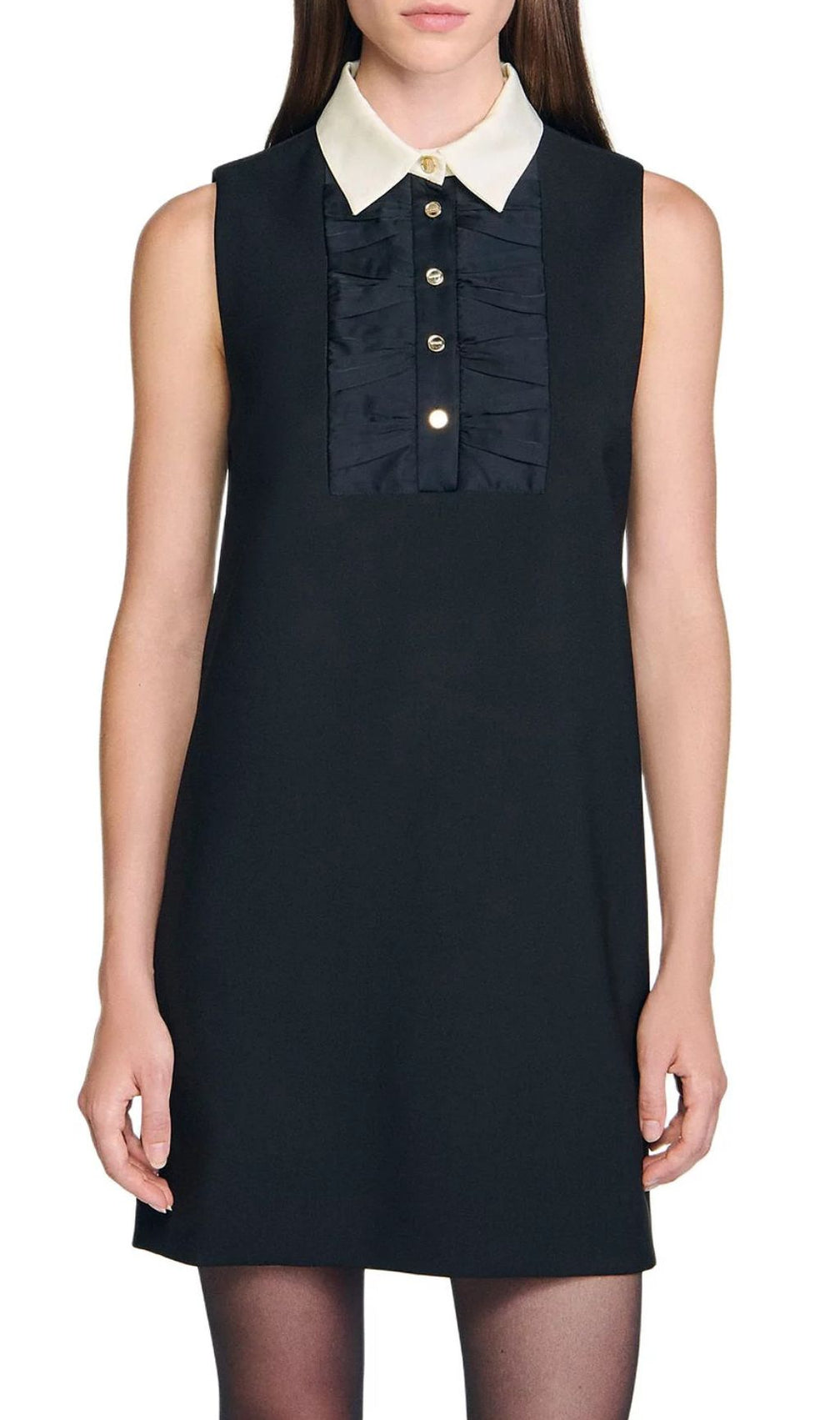 Elegant Black Mini Dress for Women | Chic Contrast Collar & Sleeveless Shift