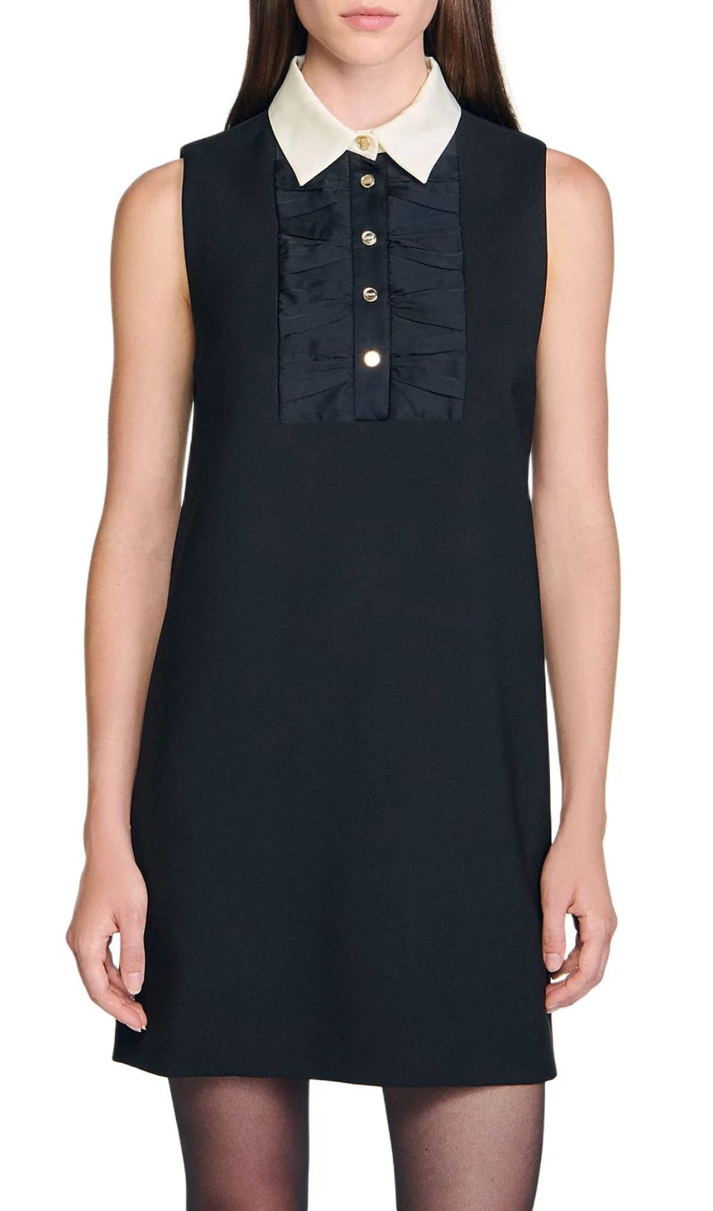Elegant Black Mini Dress for Women | Chic Contrast Collar & Sleeveless Shift