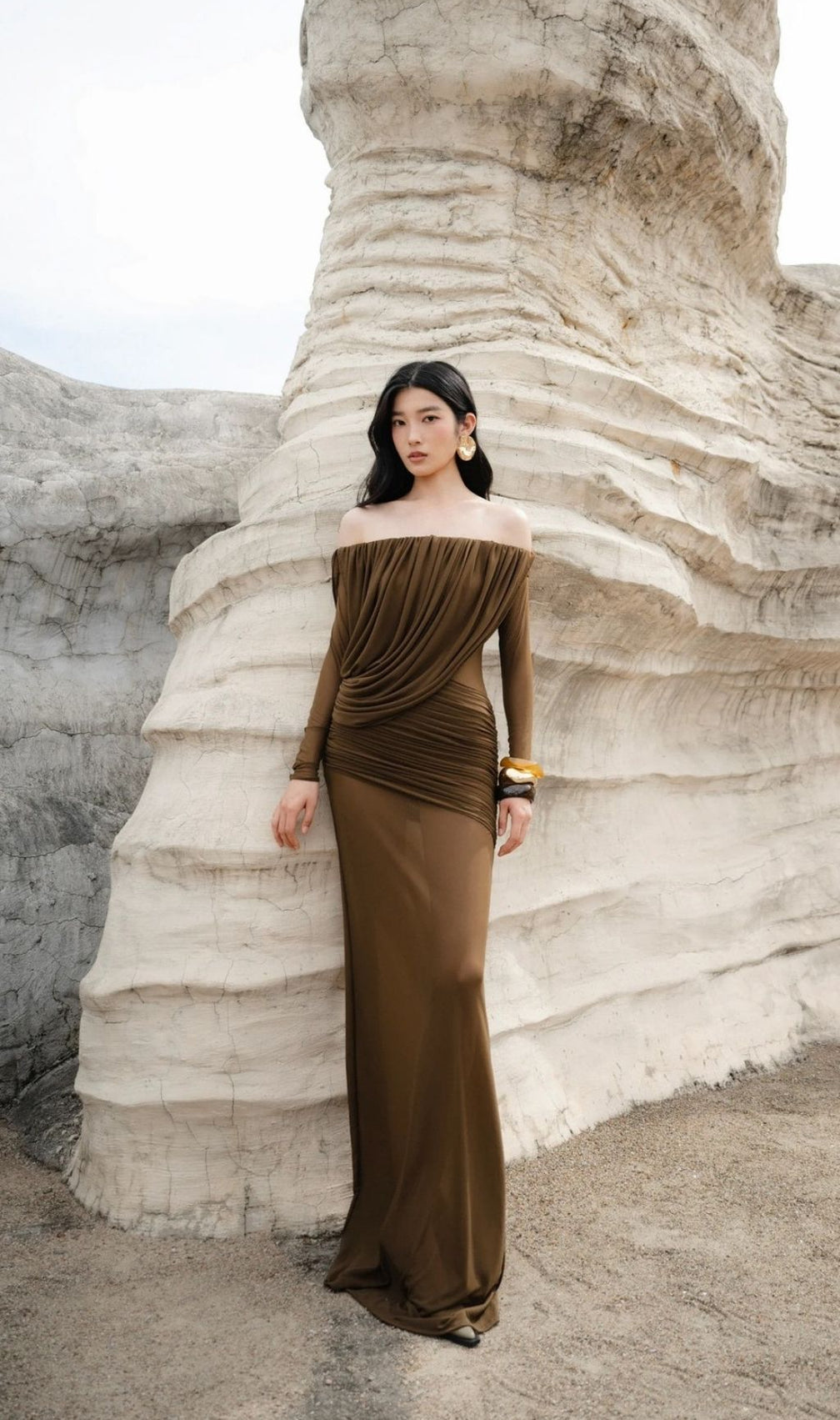 Kalinda Brown Draped Mesh Off-Shoulder Maxi Dress | Elegant Sheer Gown
