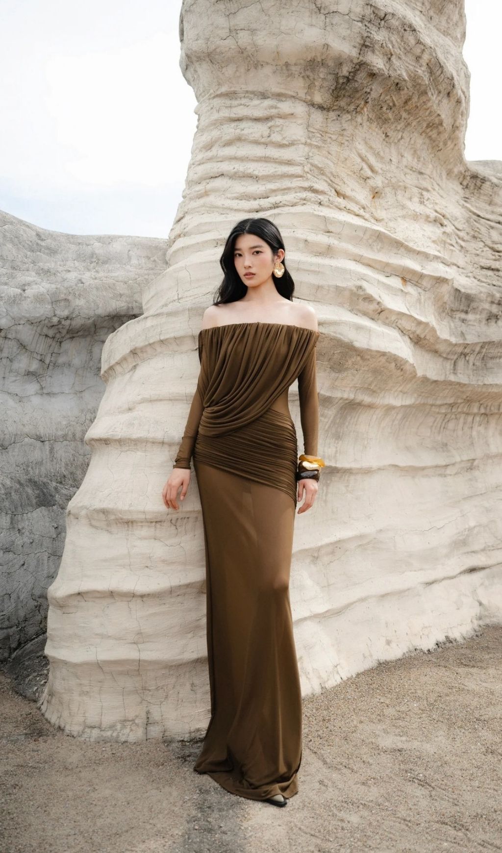 Kalinda Brown Draped Mesh Off-Shoulder Maxi Dress | Elegant Sheer Gown