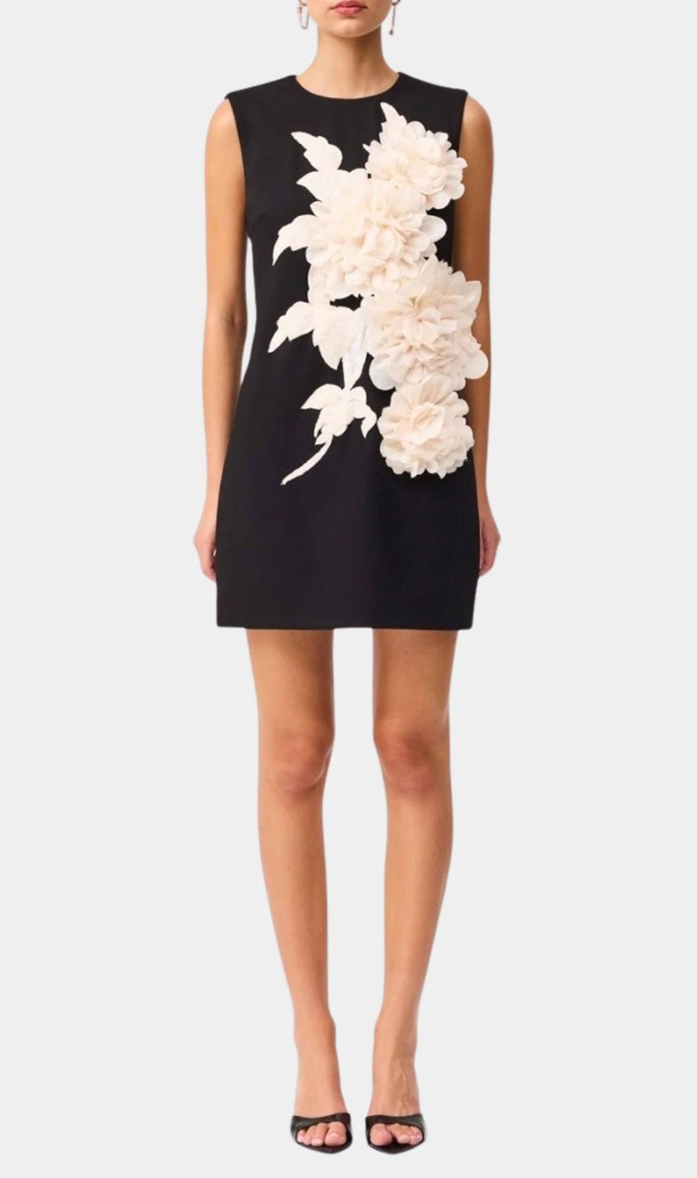 Jocasta Elegant Black Mini Dress with 3D Floral Appliqué