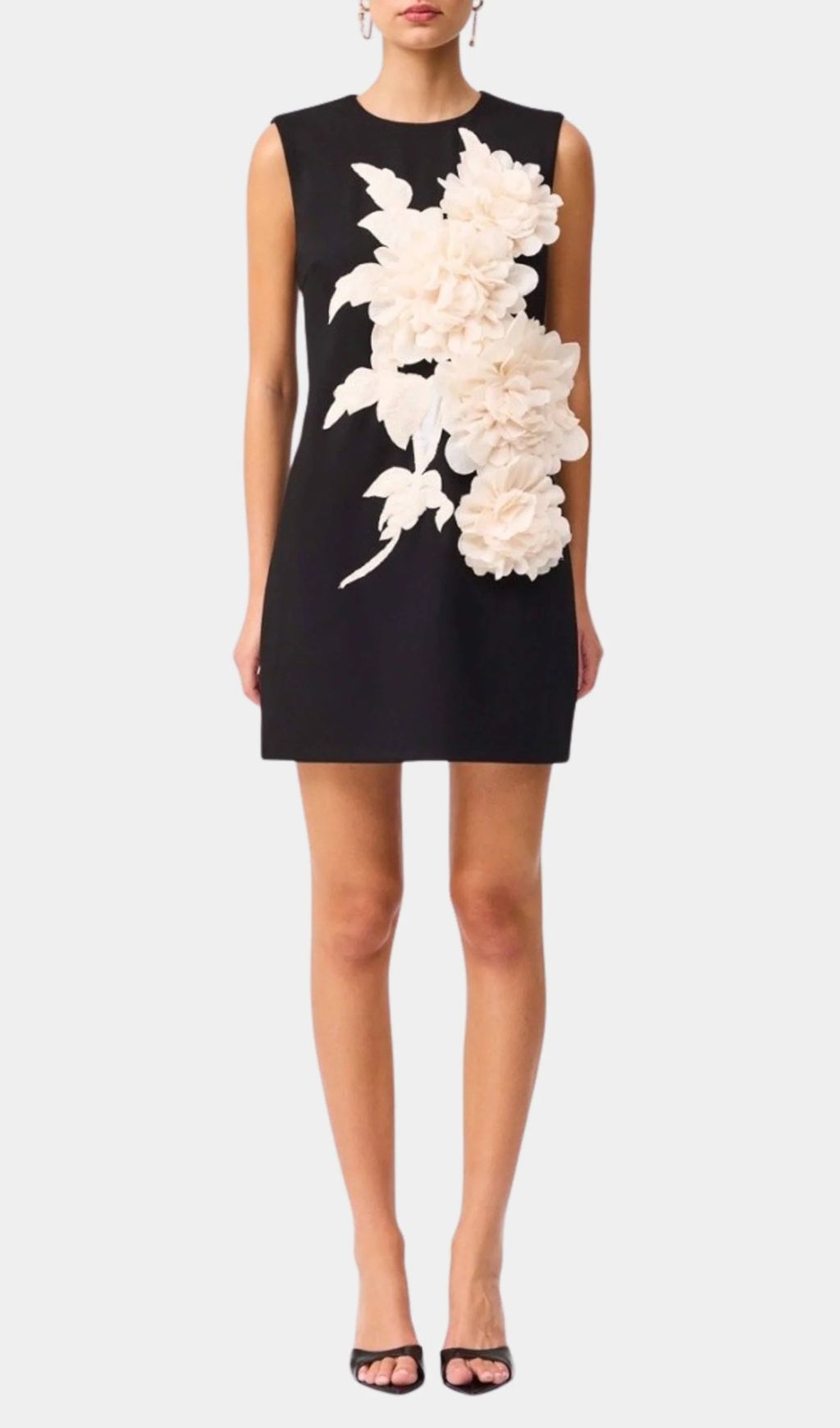 Jocasta Elegant Black Mini Dress with 3D Floral Appliqué