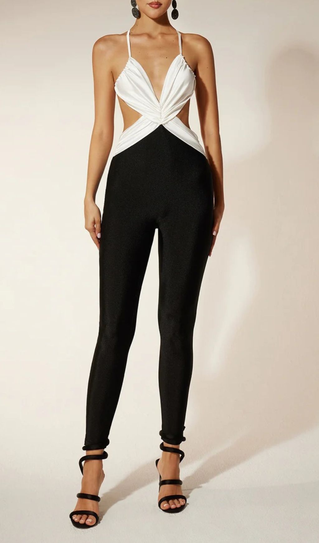 Einya Chic Black & White Halter Cutout Ruched Jumpsuit