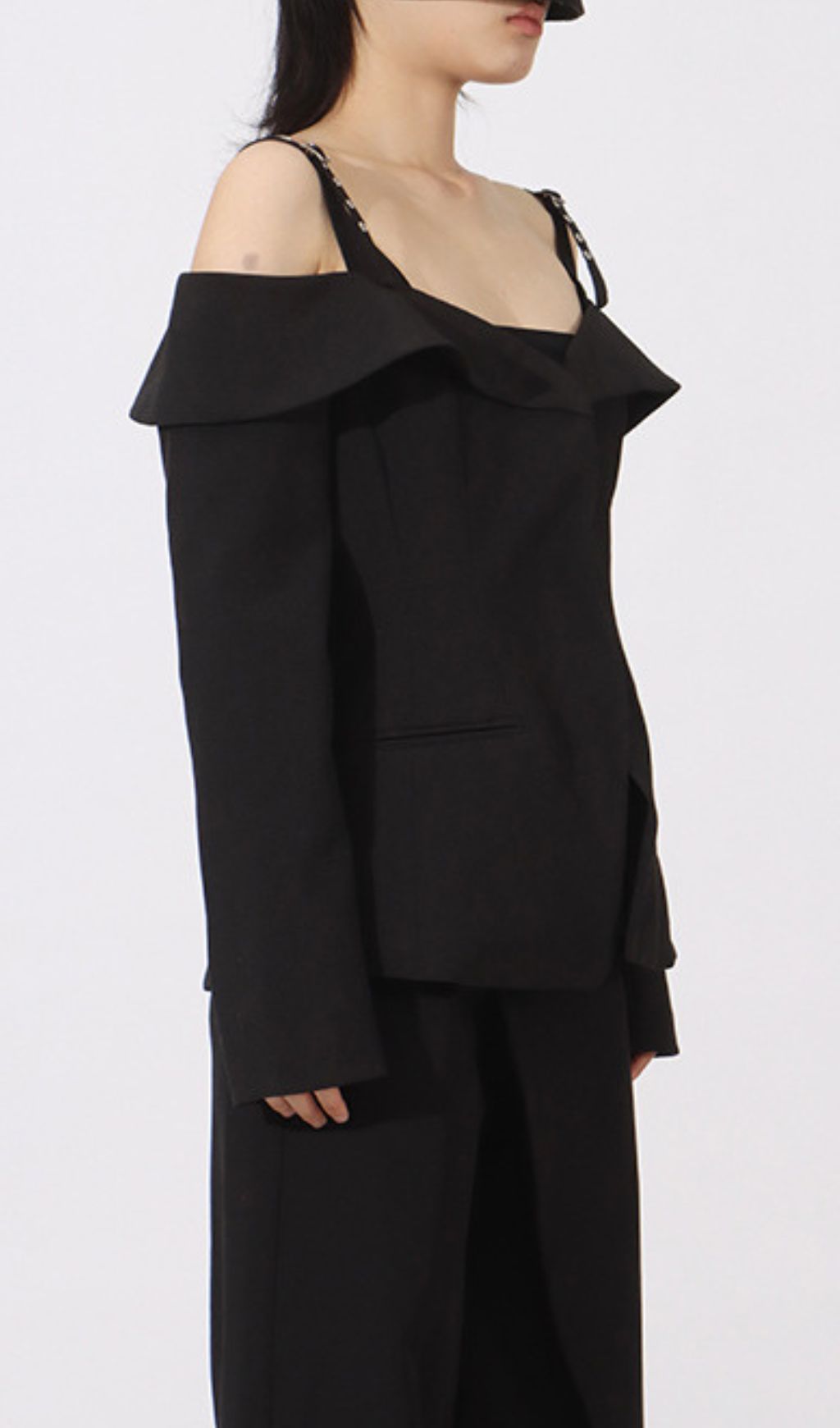 Idalee Black Off-Shoulder Blazer - Chic Tailored Jacket with Grommet Straps