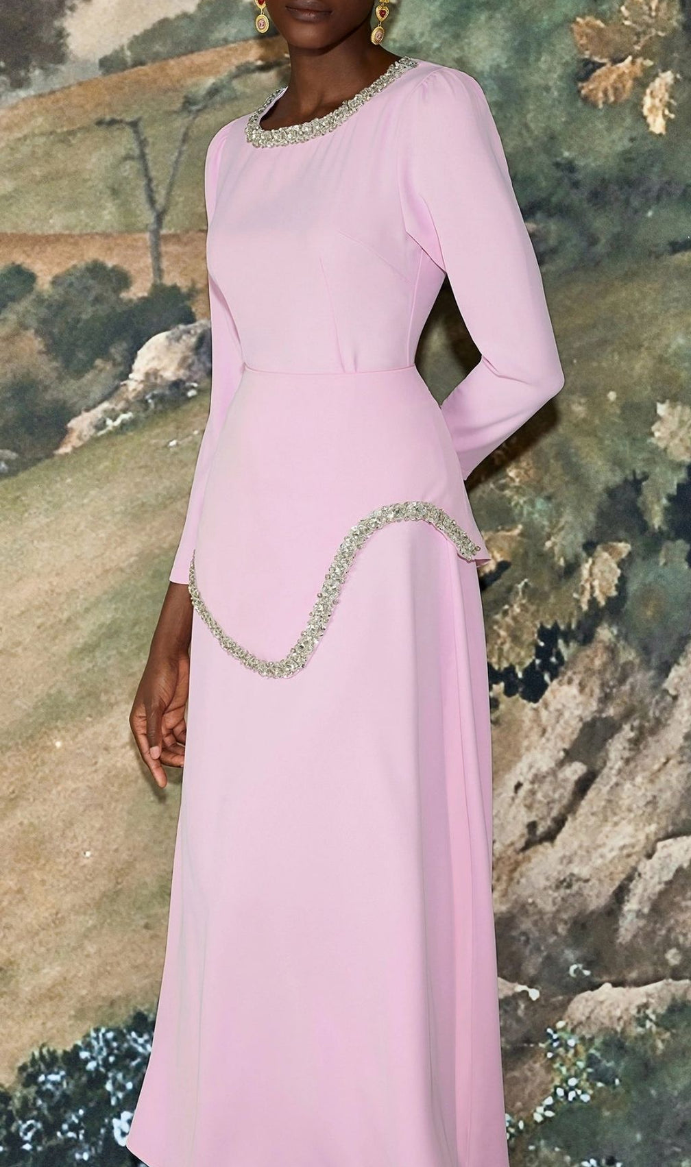 Damla Crystal & Rhinestone Embellished Pink Midi Dress - Elegant Three-Quarter Sleeve Gown