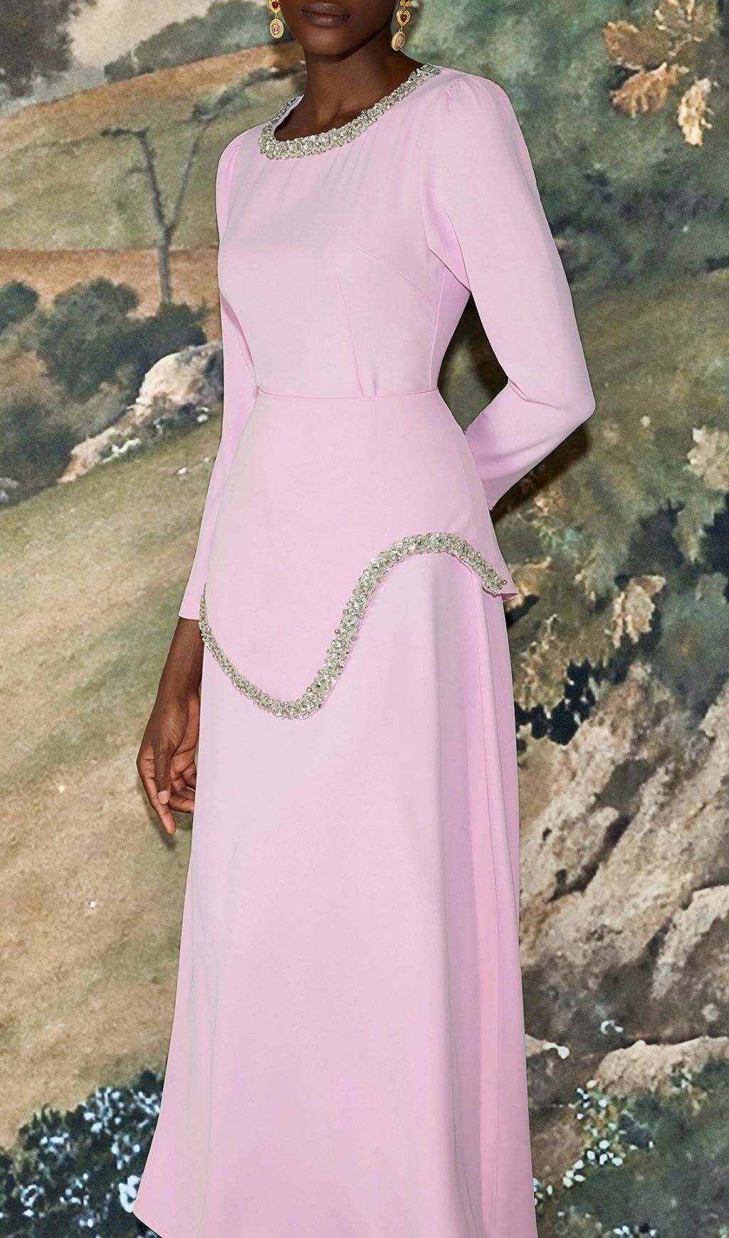 Damla Crystal & Rhinestone Embellished Pink Midi Dress - Elegant Three-Quarter Sleeve Gown