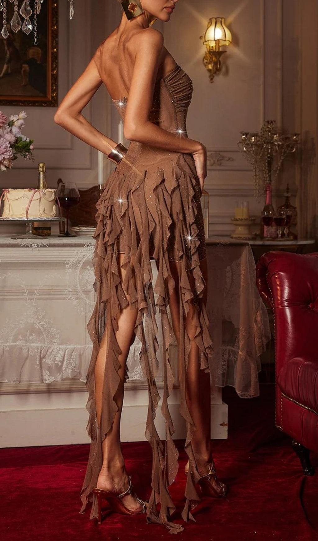 Chasca Strapless Crystal Draped Mesh Mini Dress