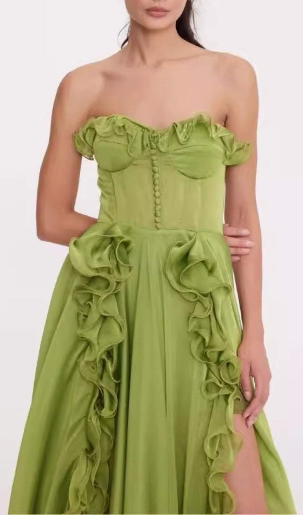 Colombine Green Strapless Ruffle Maxi Dress