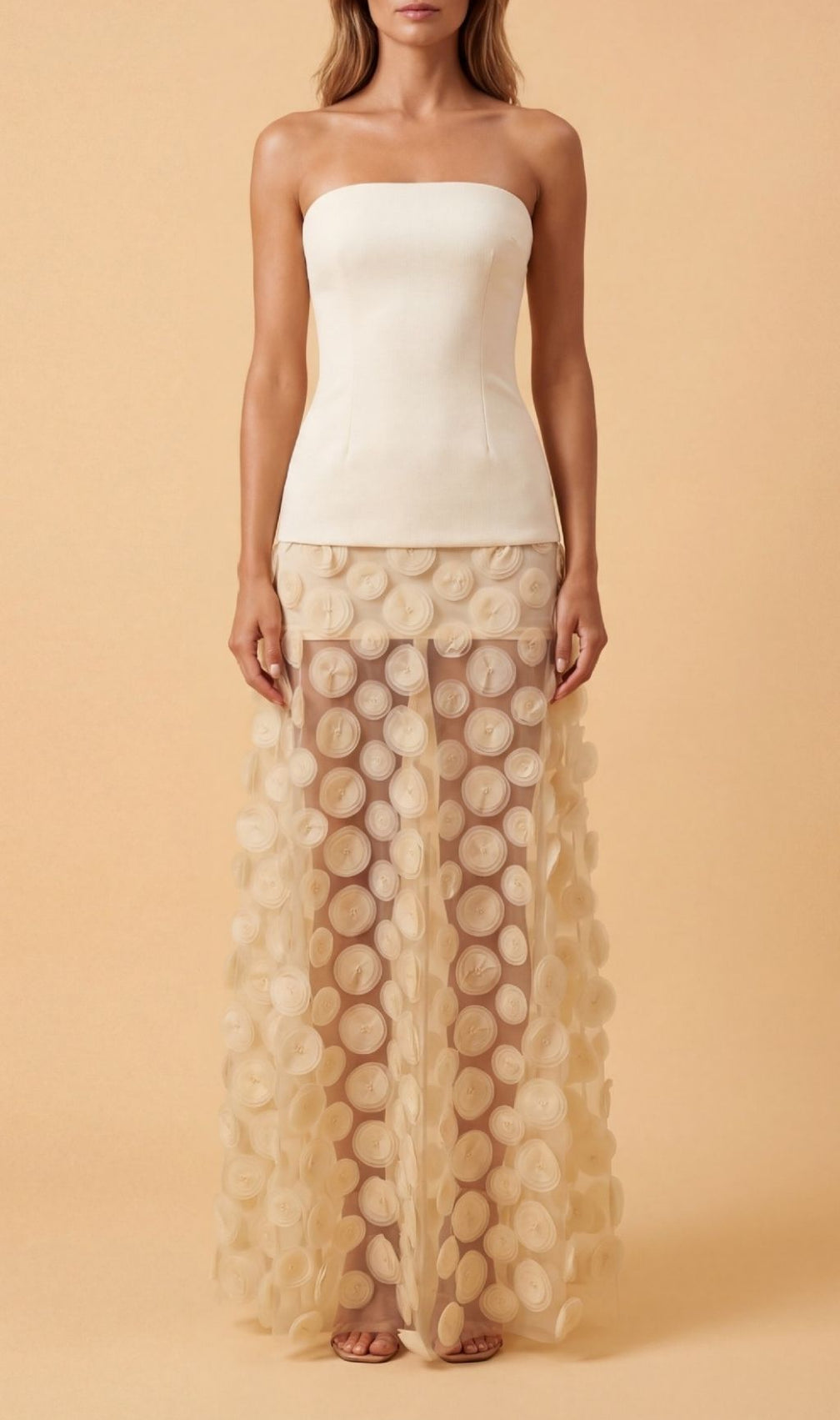 Keala Apricot Strapless Mesh Maxi Dress | Ethereal 3D Textured Gown