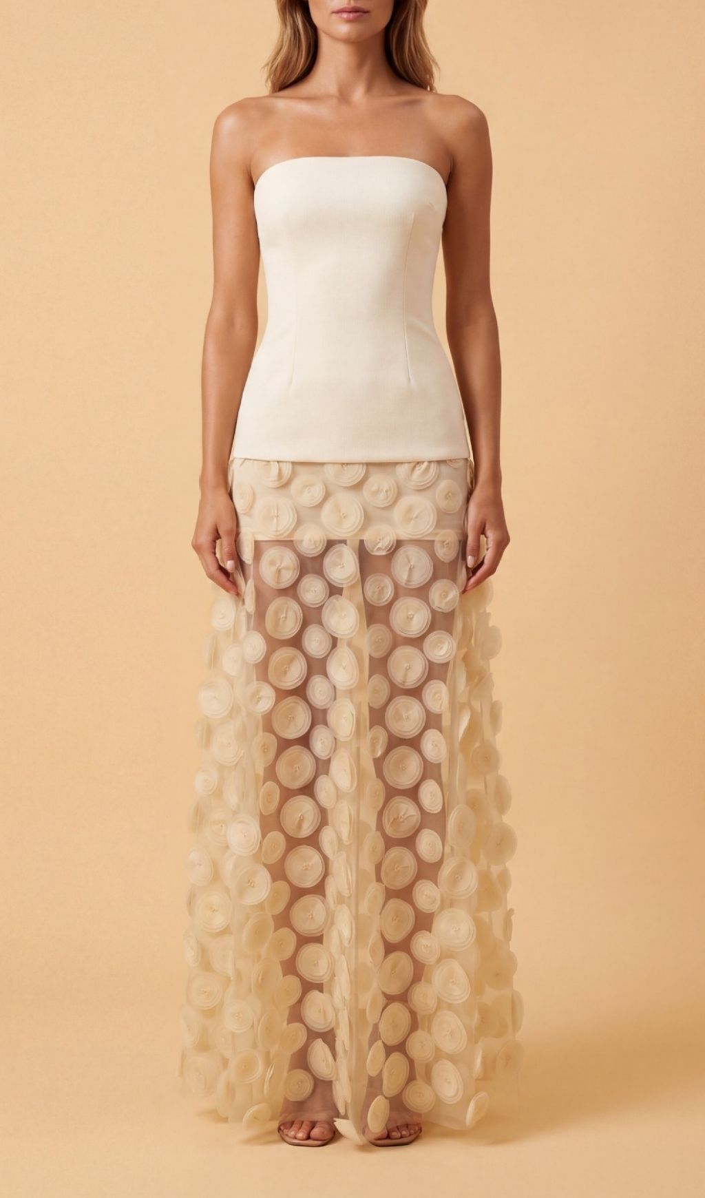 Keala Apricot Strapless Mesh Maxi Dress | Ethereal 3D Textured Gown