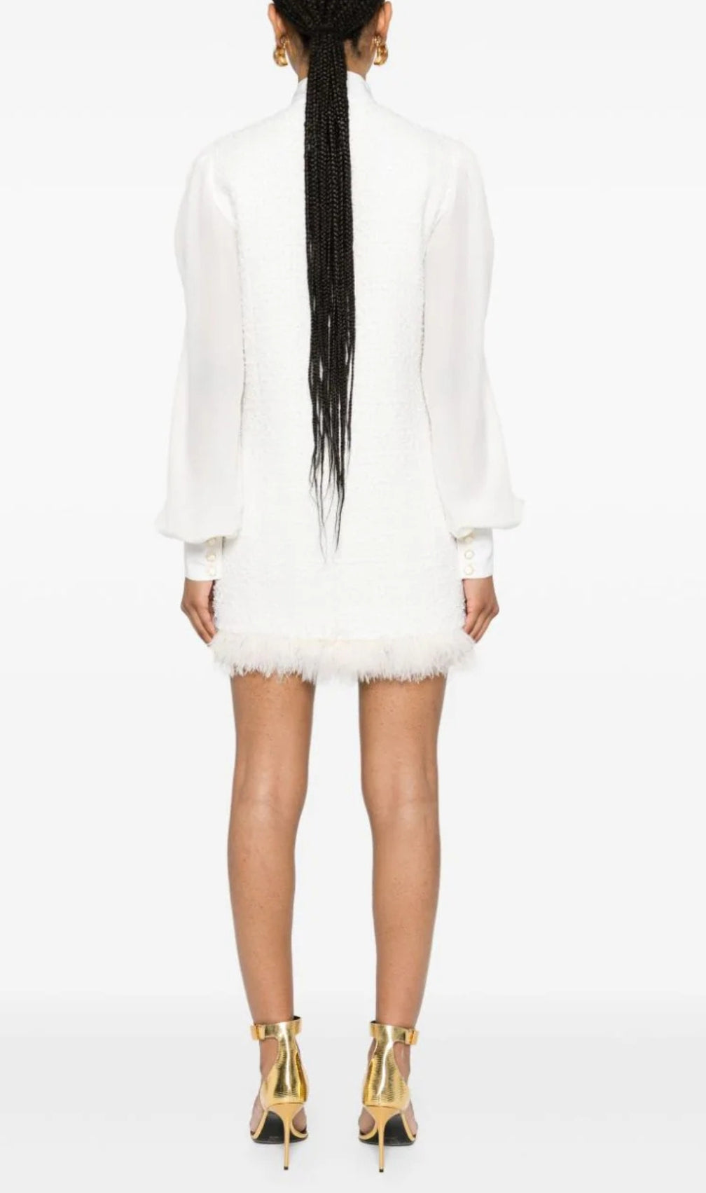 Bush White Feather-Trim Tweed Mini Dress