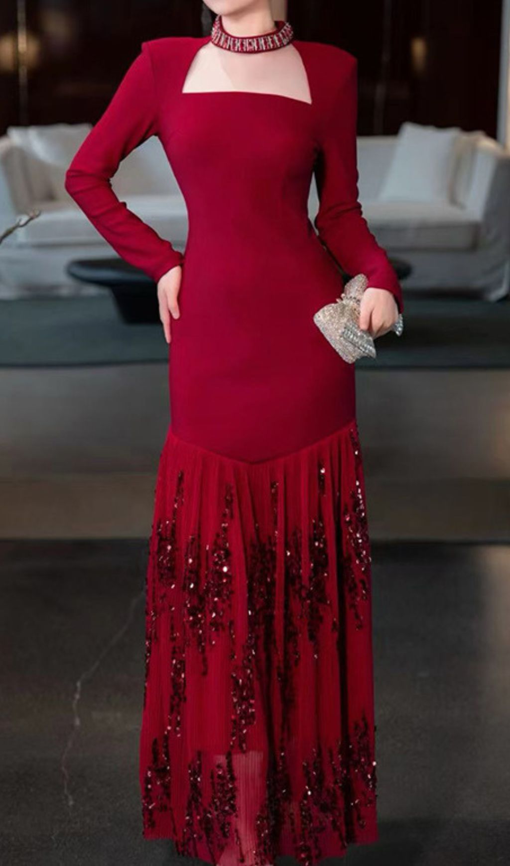 Ioana Glamorous Red Sequin Long Sleeve Maxi Dress - Elegant Square Neck Evening Gown