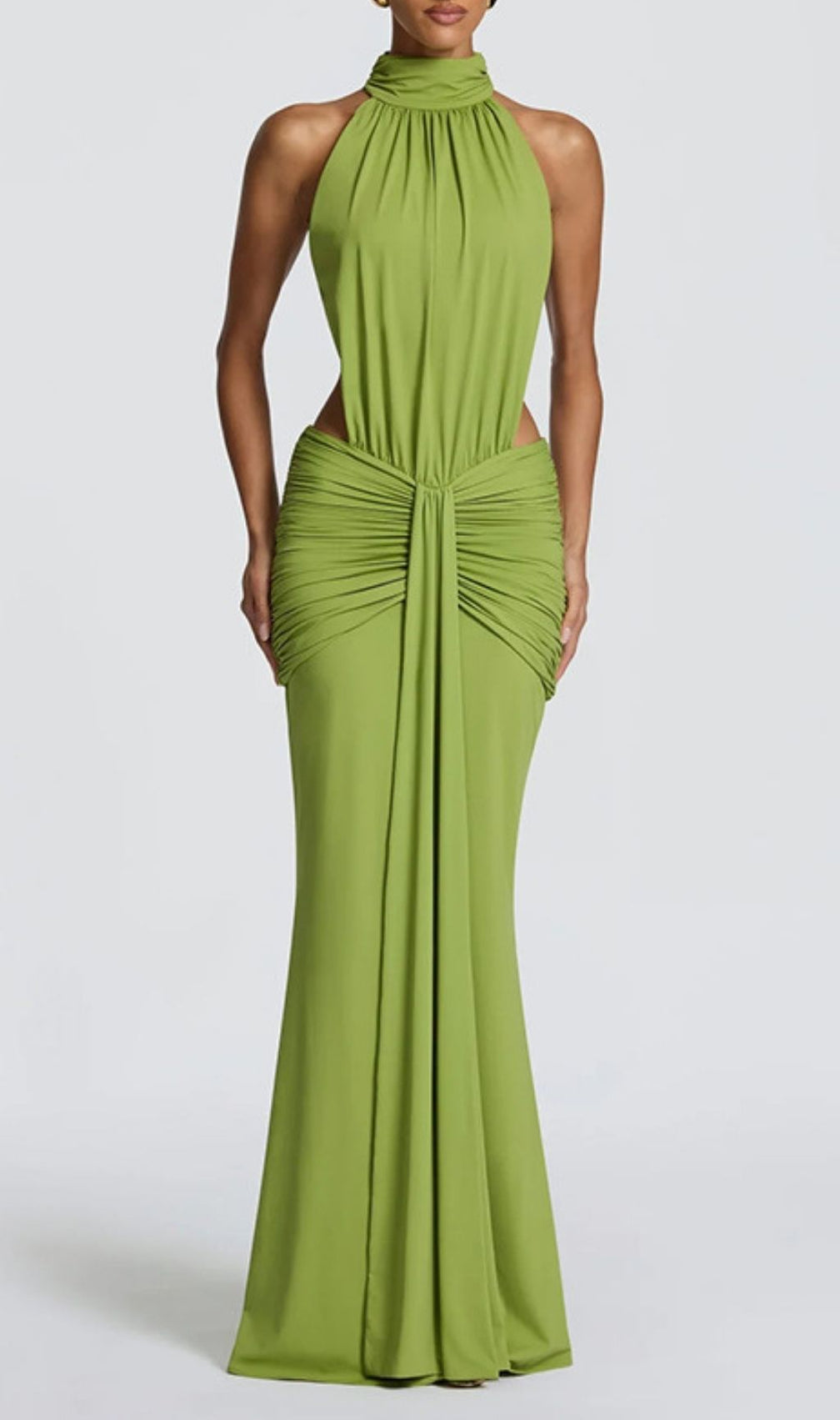 Kirya Green Ruched Backless Maxi Dress