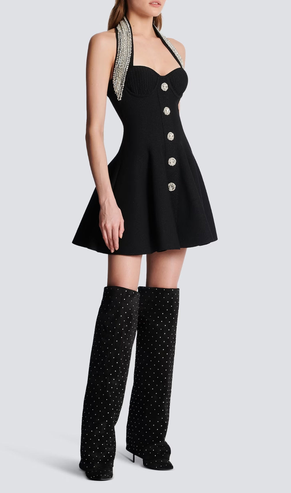 Alev Black Halter Embellished Mini Dress