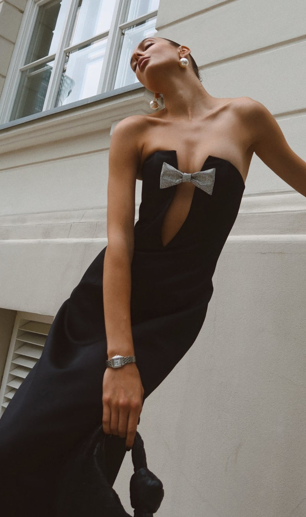 Candy Black Strapless Crystal Bow Maxi Dress