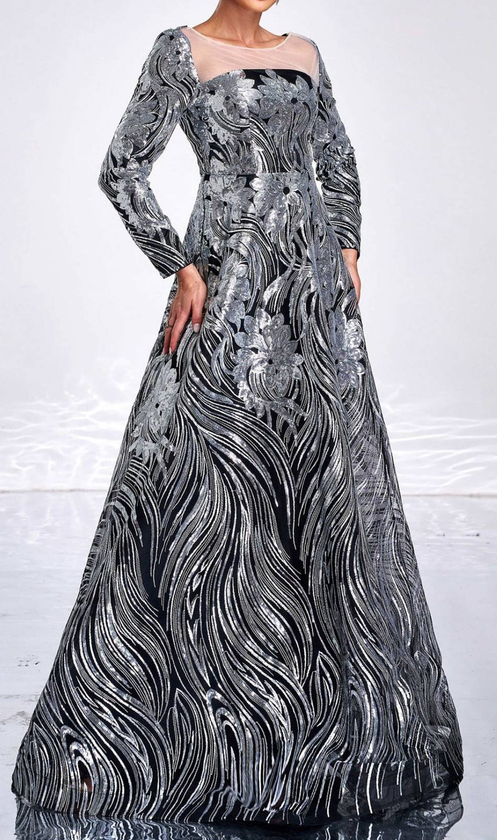 Charae Silver Sequin Long Sleeve Maxi Dress
