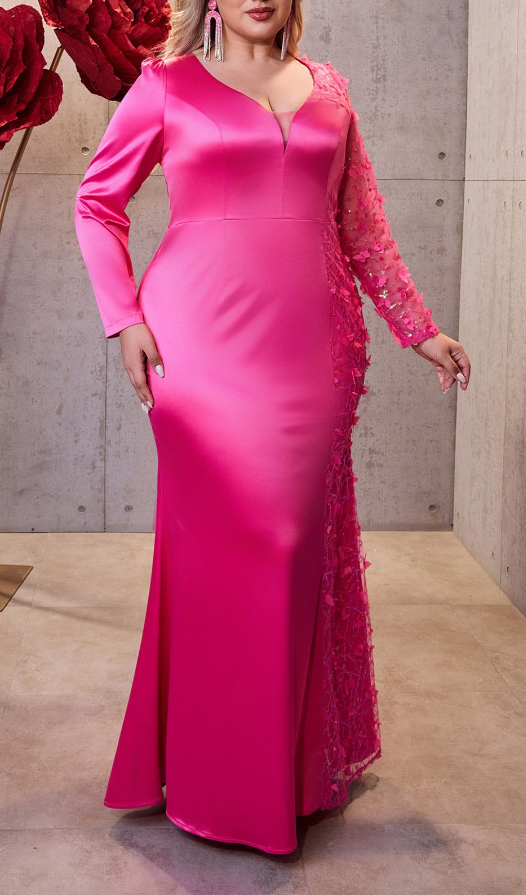 Idina Glamour Pink Plus Size Long Sleeve Sequin Maxi Dress - Formal Evening Gown
