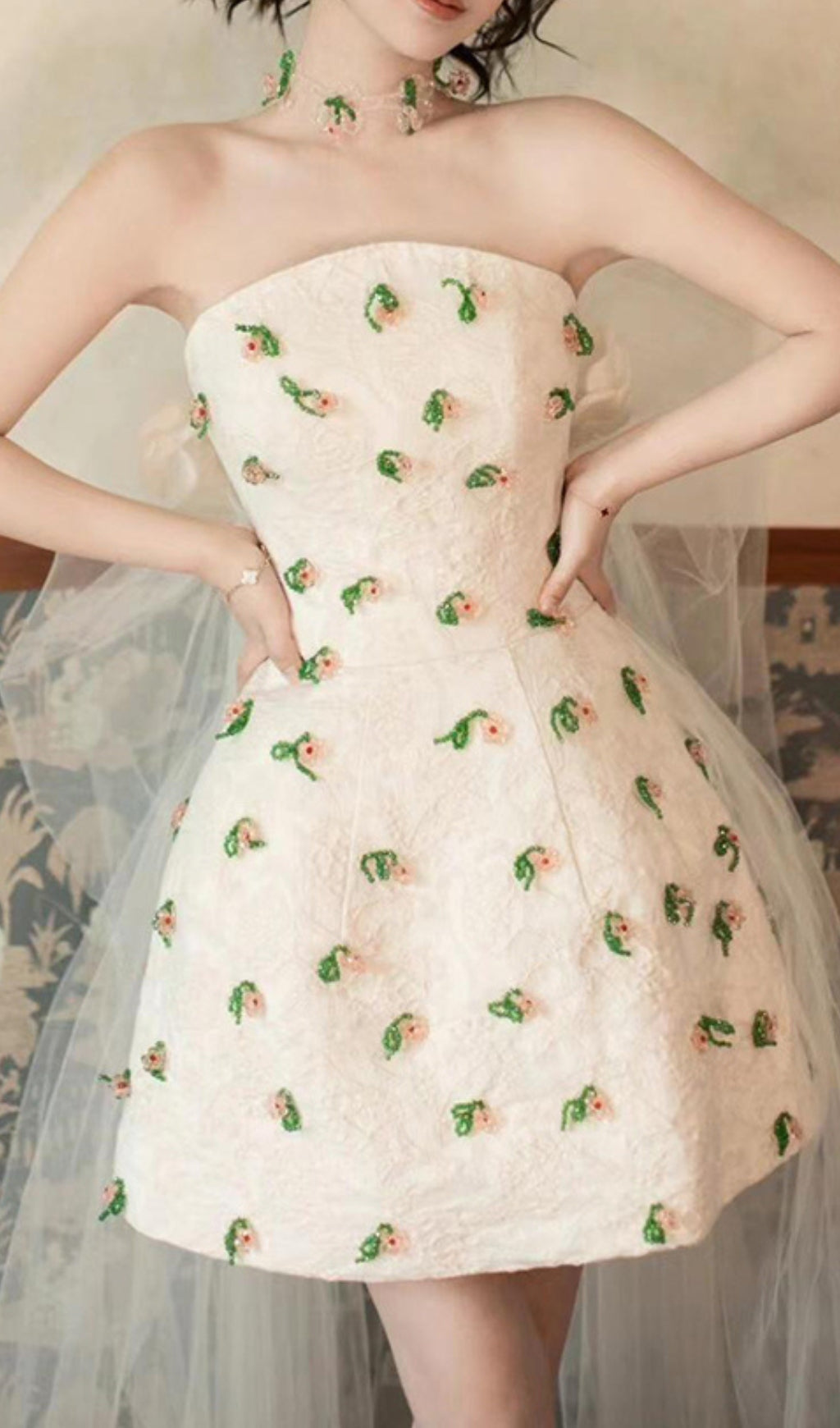 Dalila Strapless Embellished Mesh Mini Dress